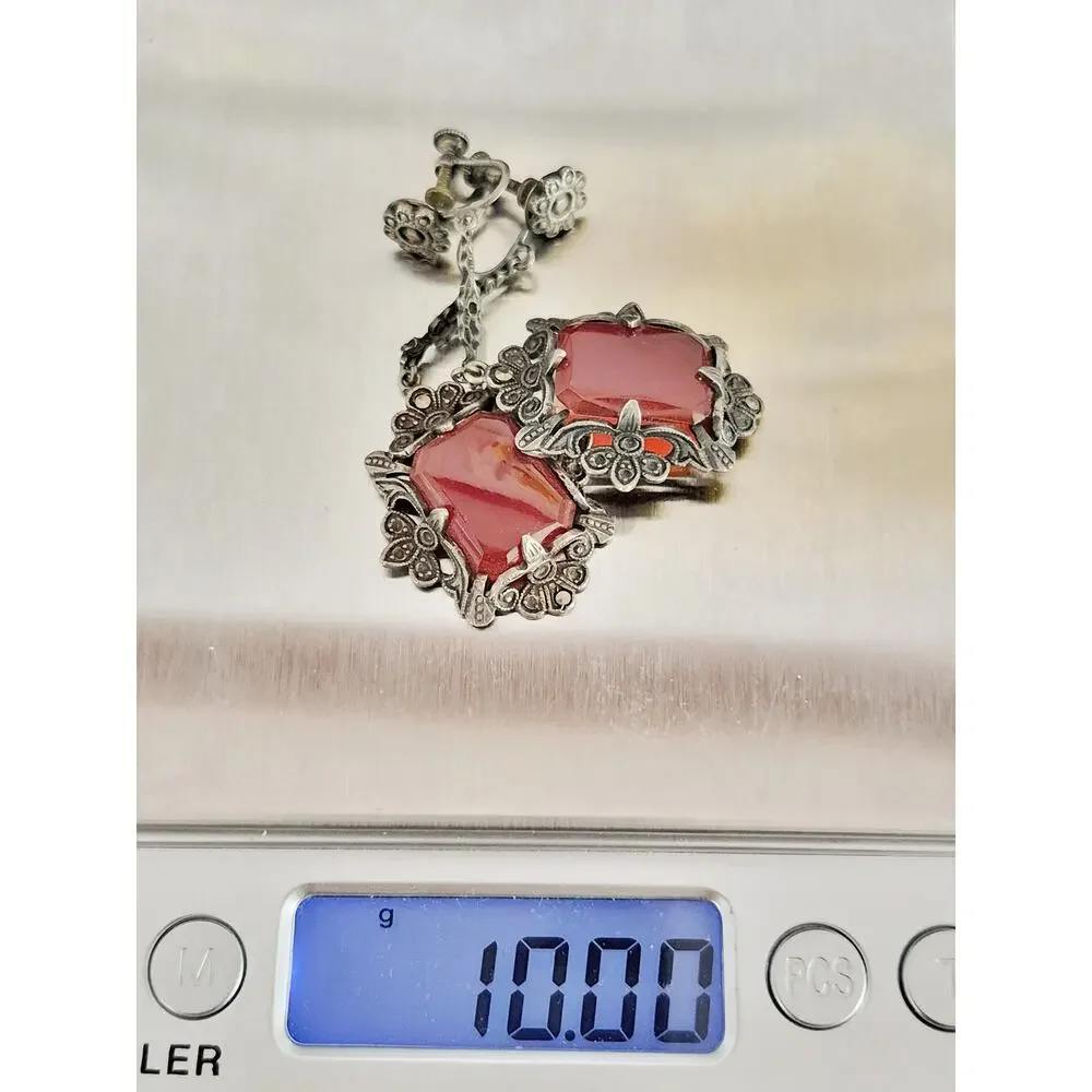 Vintage Victorian Art Deco Sterling Silver Carnelian Marcasite Dangle Earrings